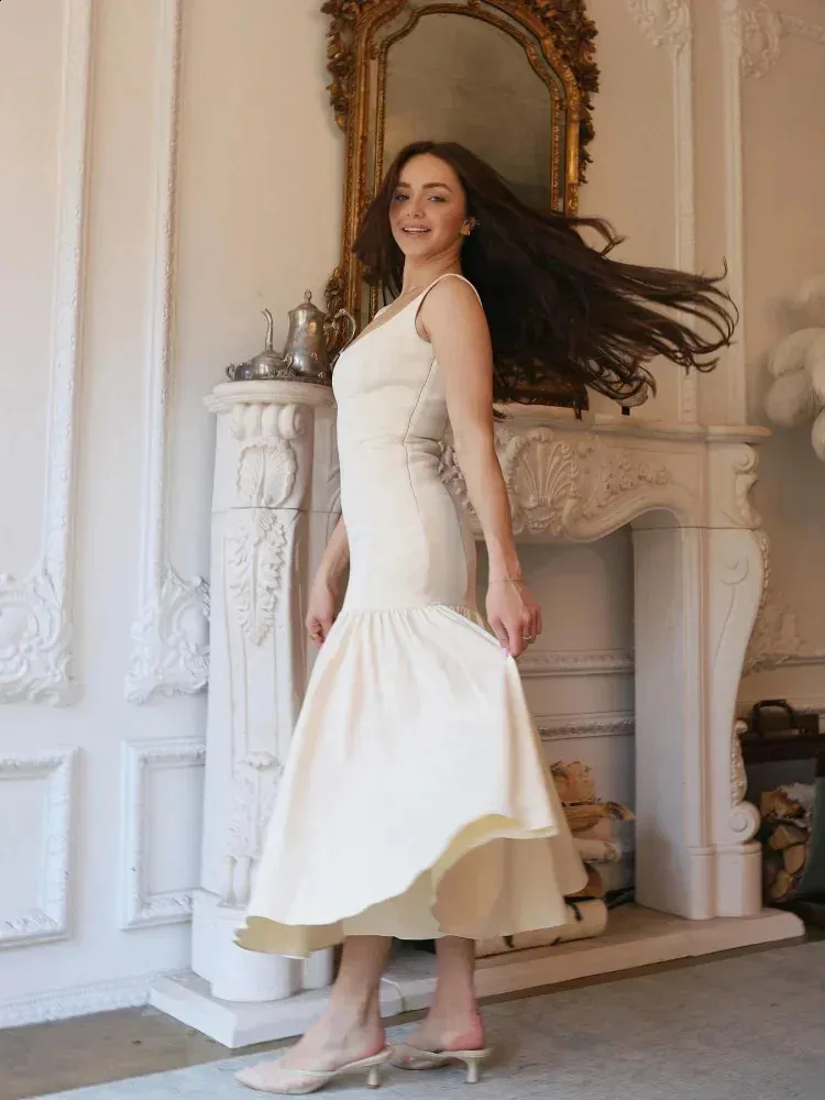 Elegant Fitted Mermaid Square Neck Sleeveless Backless Midi Dress for Prom Dresses