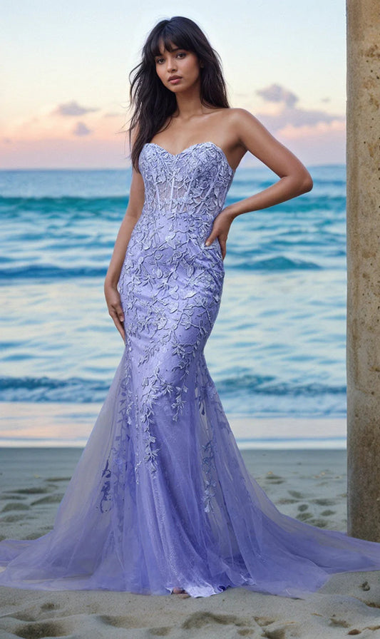 Elegant Fitted Mermaid Strapless Sleeveless Back Lace-Up Floor-Length Prom Dresses