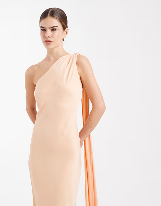 Elegant Satin Fitted One-Shoulder Draped Floor-Length Peach Bridesmaid Dress