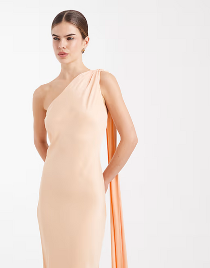 Elegant Satin Fitted One-Shoulder Draped Floor-Length Peach Bridesmaid Dress