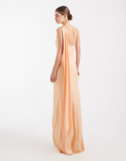 Elegant Satin Fitted One-Shoulder Draped Floor-Length Peach Bridesmaid Dress