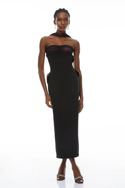 Elegant Fitted Strapless Halter Neck Sleeveless Open Back Bow Detail Midi Evening Dress