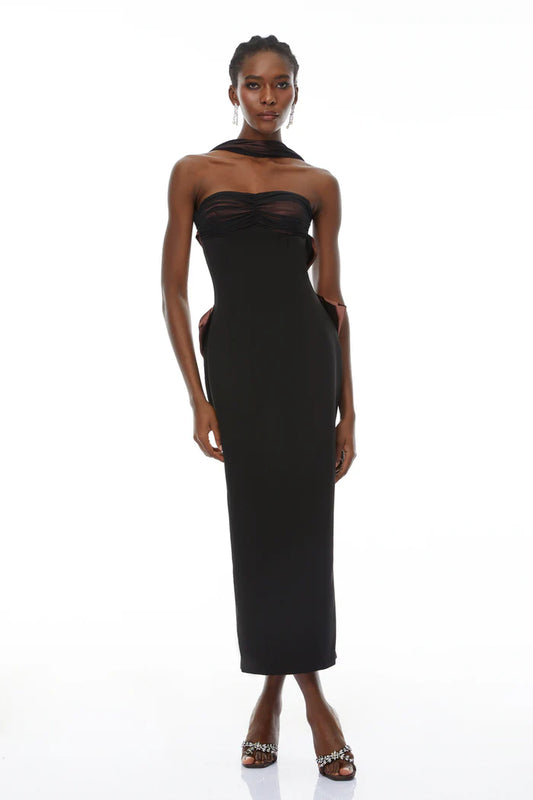 Elegant Fitted Strapless Halter Neck Sleeveless Open Back Bow Detail Midi Evening Dress