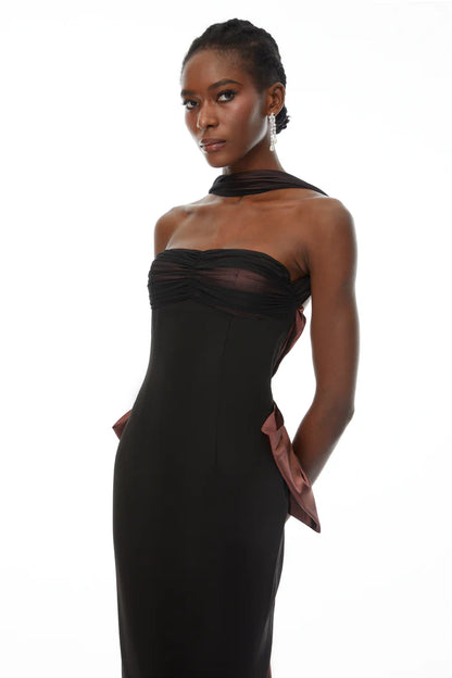 Elegant Fitted Strapless Halter Neck Sleeveless Open Back Bow Detail Midi Evening Dress