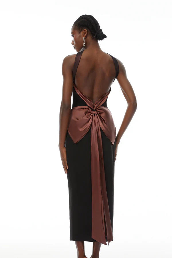 Elegant Fitted Strapless Halter Neck Sleeveless Open Back Bow Detail Midi Evening Dress