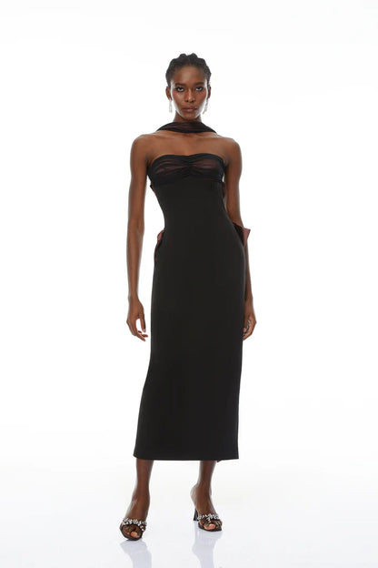 Elegant Fitted Strapless Halter Neck Sleeveless Open Back Bow Detail Midi Evening Dress