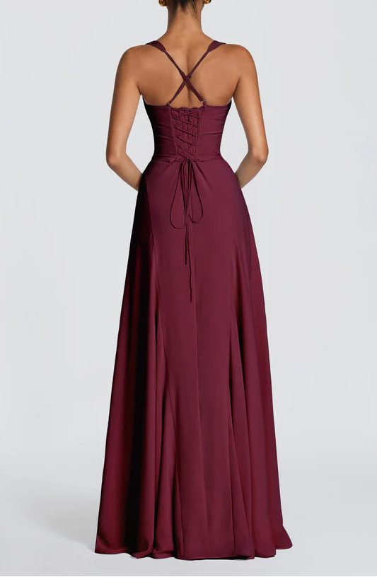 Elegant A-Line Sweetheart Crisscross Strap Lace-Up Back Burgundy Floor Length Prom Dress