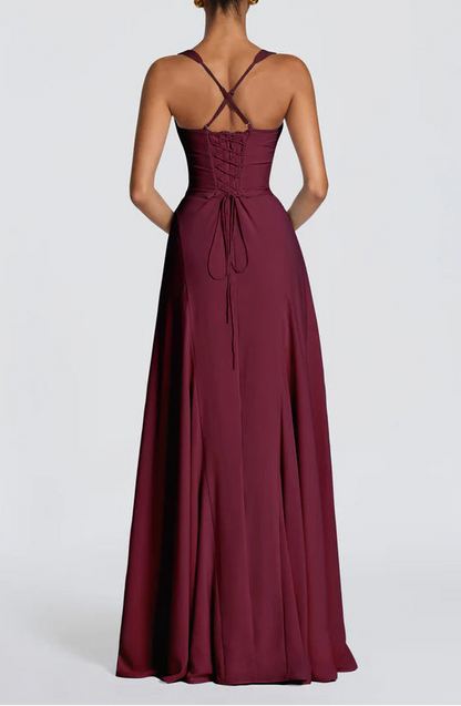 Elegant A-Line Sweetheart Crisscross Strap Lace-Up Back Burgundy Floor Length Prom Dress