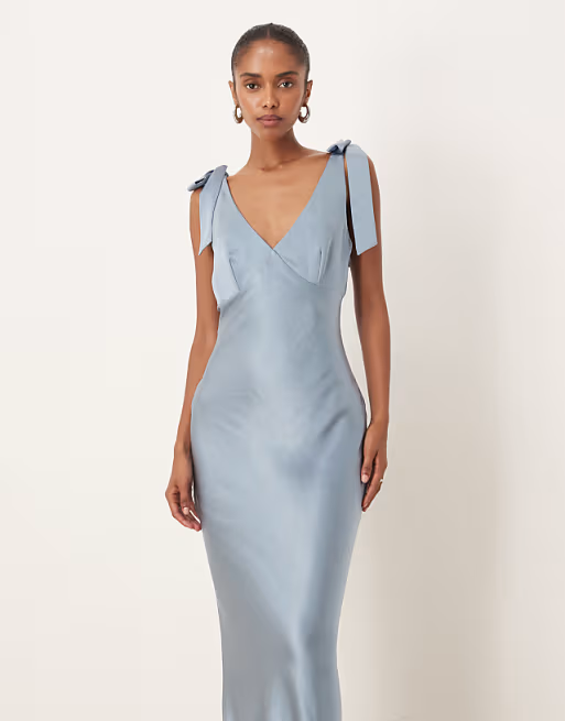 Elegant Satin Sheath V-Neck Bow Shoulder Dusty Blue Floor Length Bridesmaid Gown