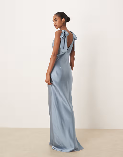 Elegant Satin Sheath V-Neck Bow Shoulder Dusty Blue Floor Length Bridesmaid Gown