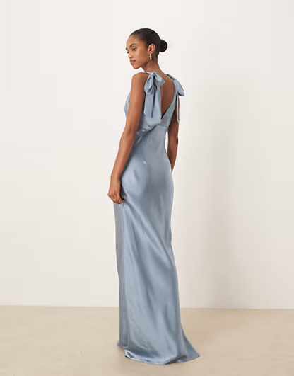 Elegant Satin Sheath V-Neck Bow Shoulder Dusty Blue Floor Length Bridesmaid Gown