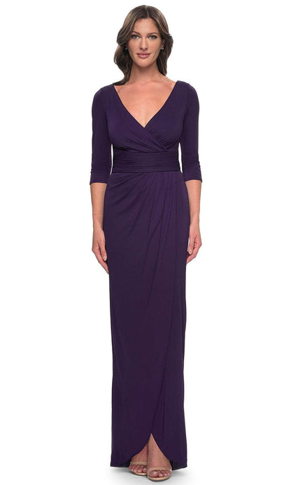 Elegant Fitted V Neck Three Quarter Sleeves Ruched Back Floor Length Mother of the Bride Dress