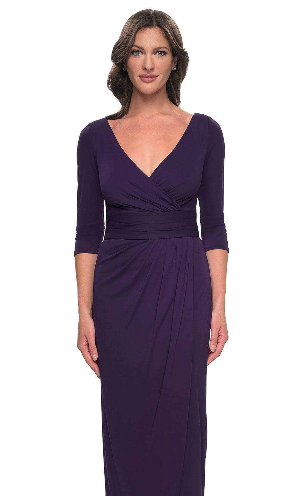 Elegant Fitted V Neck Three Quarter Sleeves Ruched Back Floor Length Mother of the Bride Dress