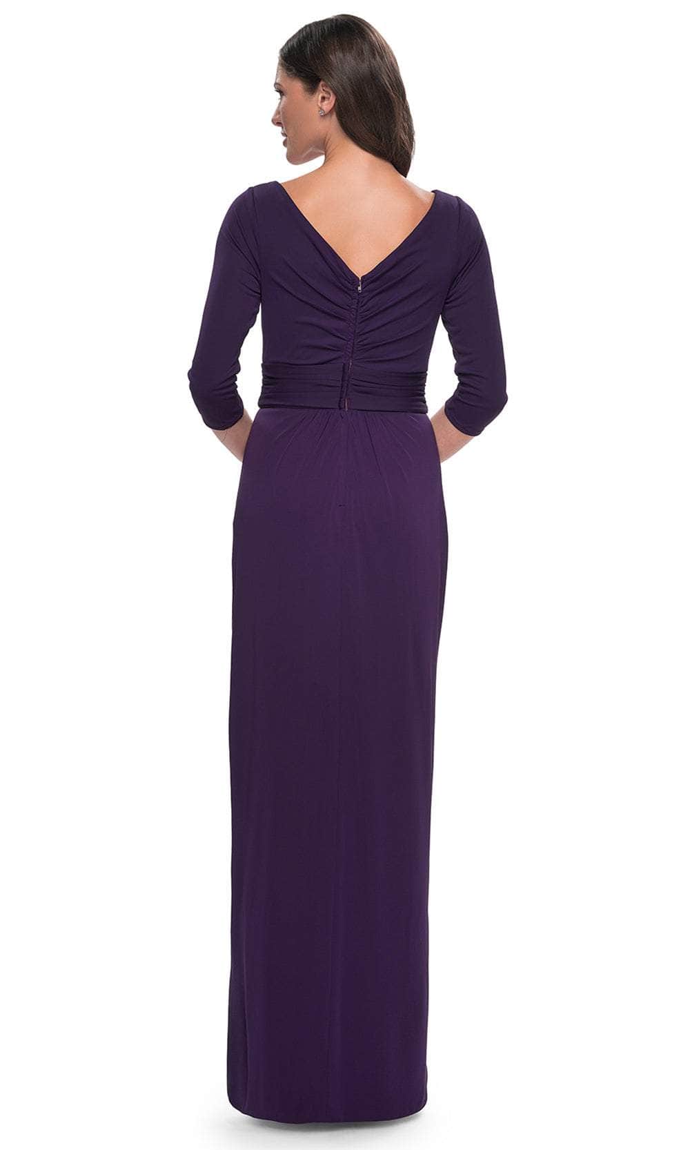 Elegant Fitted V Neck Three Quarter Sleeves Ruched Back Floor Length Mother of the Bride Dress