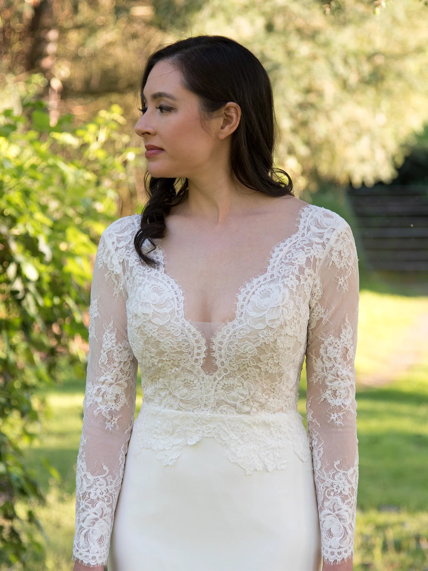 Elegant Floral Lace Long Sleeve V-Neck Low Scalloped Back Smooth Crepe Mermaid Wedding Dress