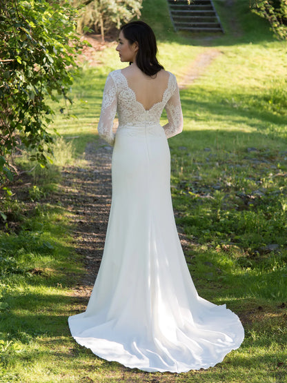 Elegant Floral Lace Long Sleeve V-Neck Low Scalloped Back Smooth Crepe Mermaid Wedding Dress