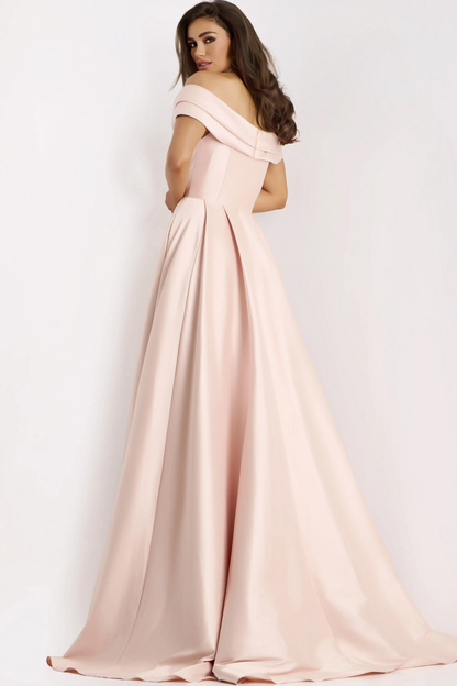 Elegant Flowing A-Line Off-the-Shoulder Short Sleeve Folded Back Floor-Length Evening Dress