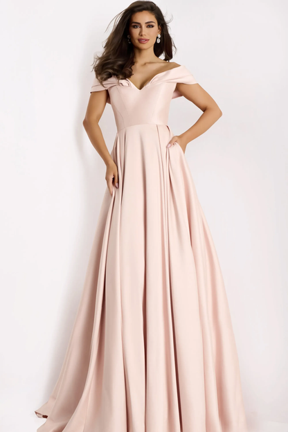 Elegant Flowing A-Line Off-the-Shoulder Short Sleeve Folded Back Floor-Length Evening Dress
