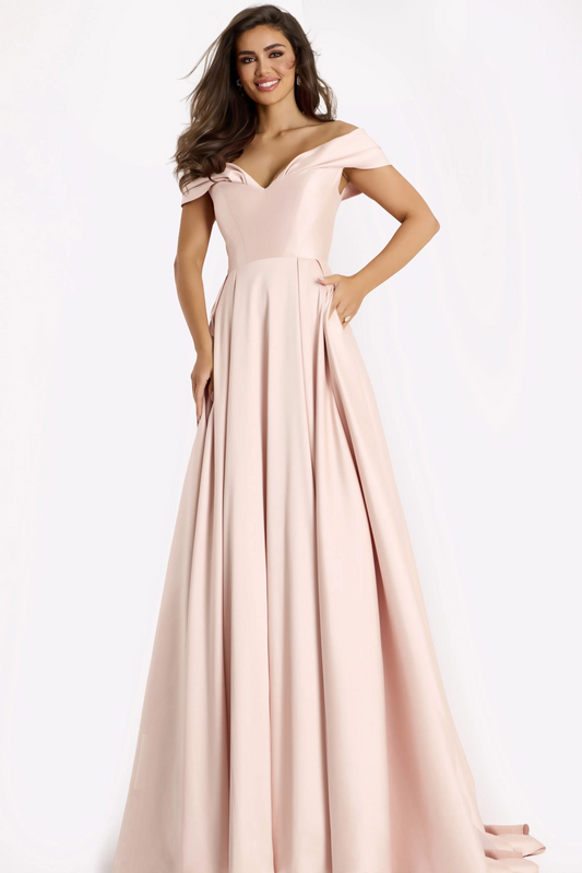 Elegant Flowing A-Line Off-the-Shoulder Short Sleeve Folded Back Floor-Length Evening Dress