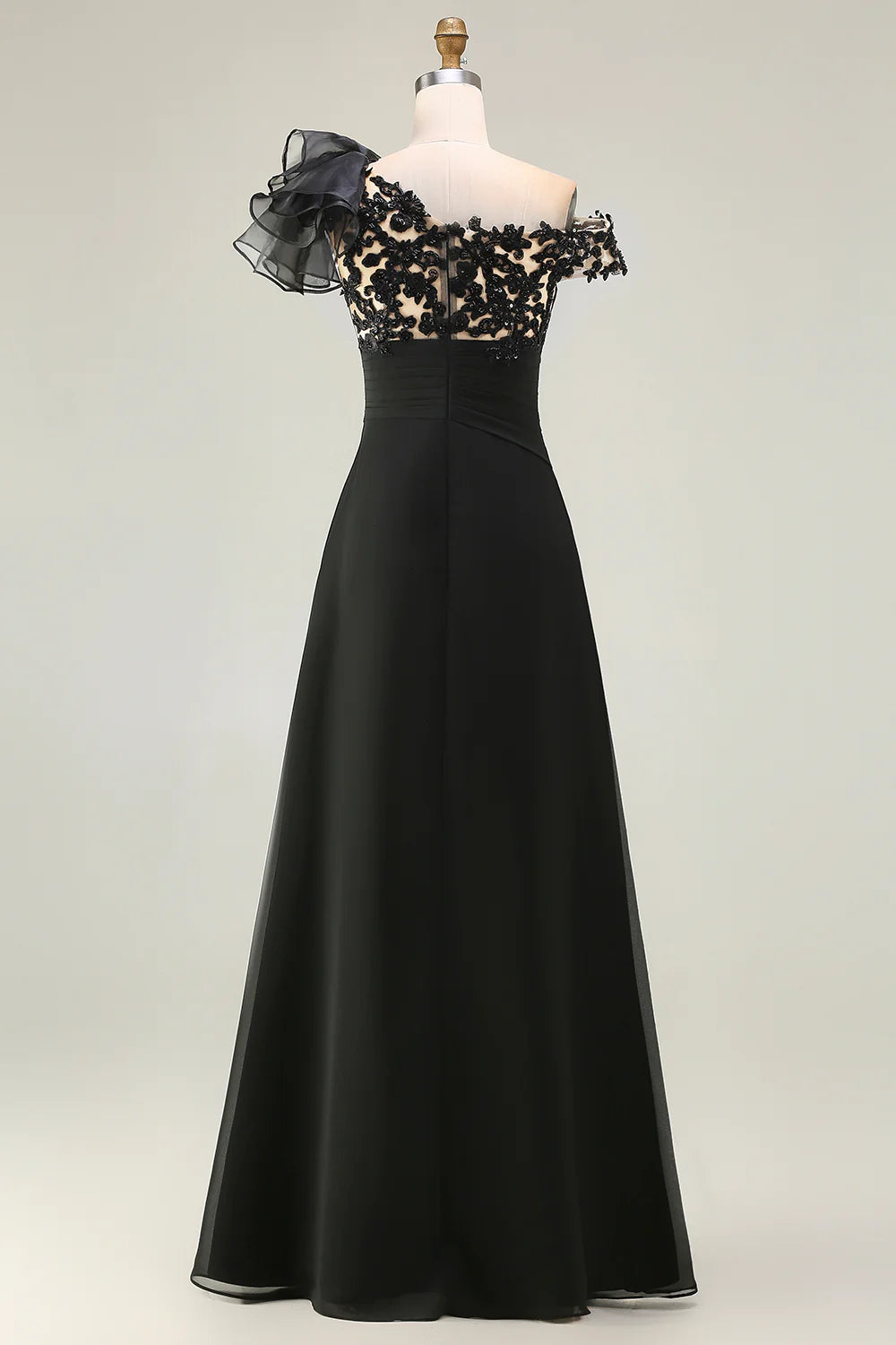 Elegant Flowy A-Line Off-the-Shoulder Ruffled Sleeve Illusion Back Maxi Mother of the Bride Dress