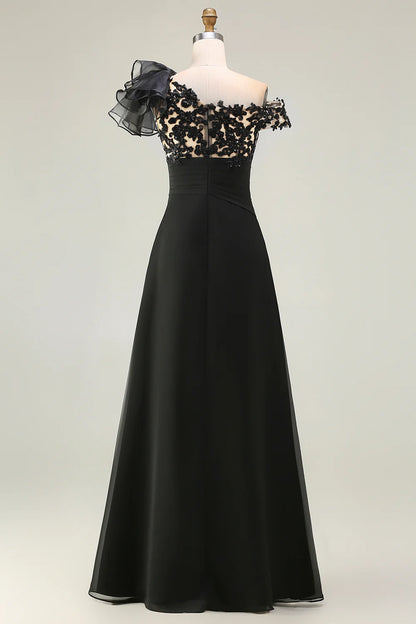 Elegant Flowy A-Line Off-the-Shoulder Ruffled Sleeve Illusion Back Maxi Mother of the Bride Dress