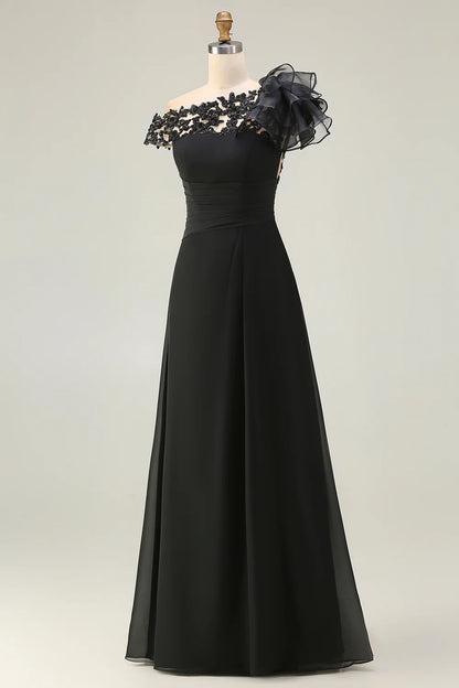 Elegant Flowy A-Line Off-the-Shoulder Ruffled Sleeve Illusion Back Maxi Mother of the Bride Dress