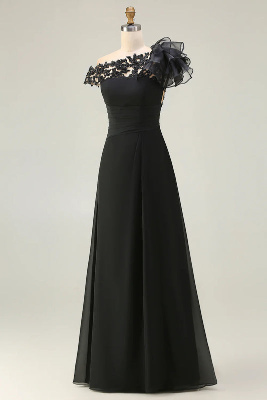 Elegant Flowy A-Line Off-the-Shoulder Ruffled Sleeve Illusion Back Maxi Mother of the Bride Dress