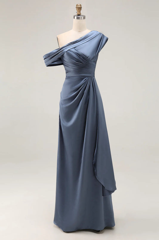 Elegant Flowy A-Line One-Shoulder Draped Sleeve Open Back Maxi Mother of the Bride Dress