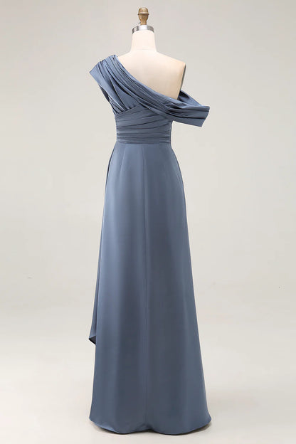 Elegant Flowy A-Line One-Shoulder Draped Sleeve Open Back Maxi Mother of the Bride Dress