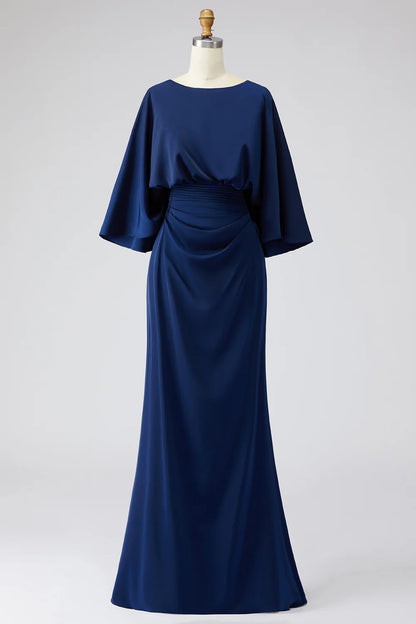 Elegant Flowy A-Line Round Neck Batwing Sleeve Deep V-Back Maxi Mother of the Bride Dress