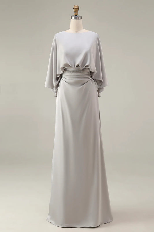 Elegant Flowy A-Line Round Neck Batwing Sleeve Deep V-Back Maxi Mother of the Bride Dress