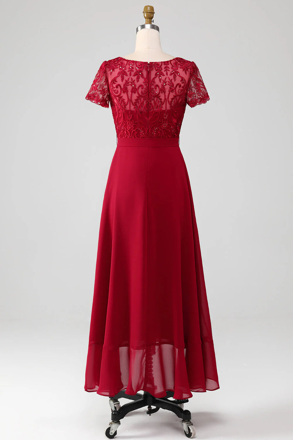 Elegant Flowy A-Line Round Neck Short Sleeve Closed Back High-Low Mother of the Bride Dress