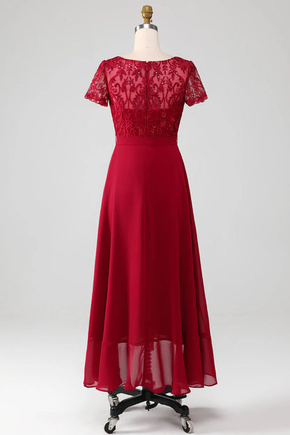 Elegant Flowy A-Line Round Neck Short Sleeve Closed Back High-Low Mother of the Bride Dress