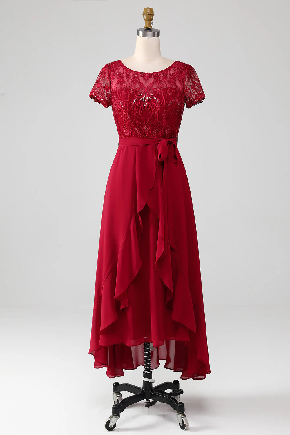 Elegant Flowy A-Line Round Neck Short Sleeve Closed Back High-Low Mother of the Bride Dress