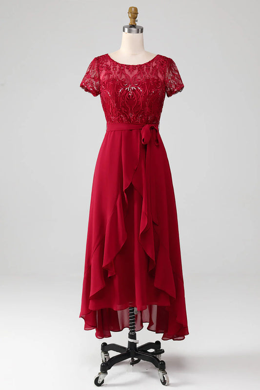 Elegant Flowy A-Line Round Neck Short Sleeve Closed Back High-Low Mother of the Bride Dress