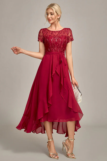 Elegant Flowy A-Line Round Neck Short Sleeve Closed Back High-Low Mother of the Bride Dress