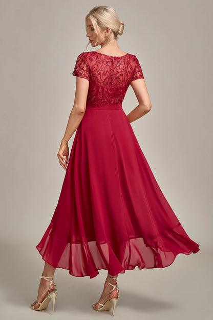 Elegant Flowy A-Line Round Neck Short Sleeve Closed Back High-Low Mother of the Bride Dress