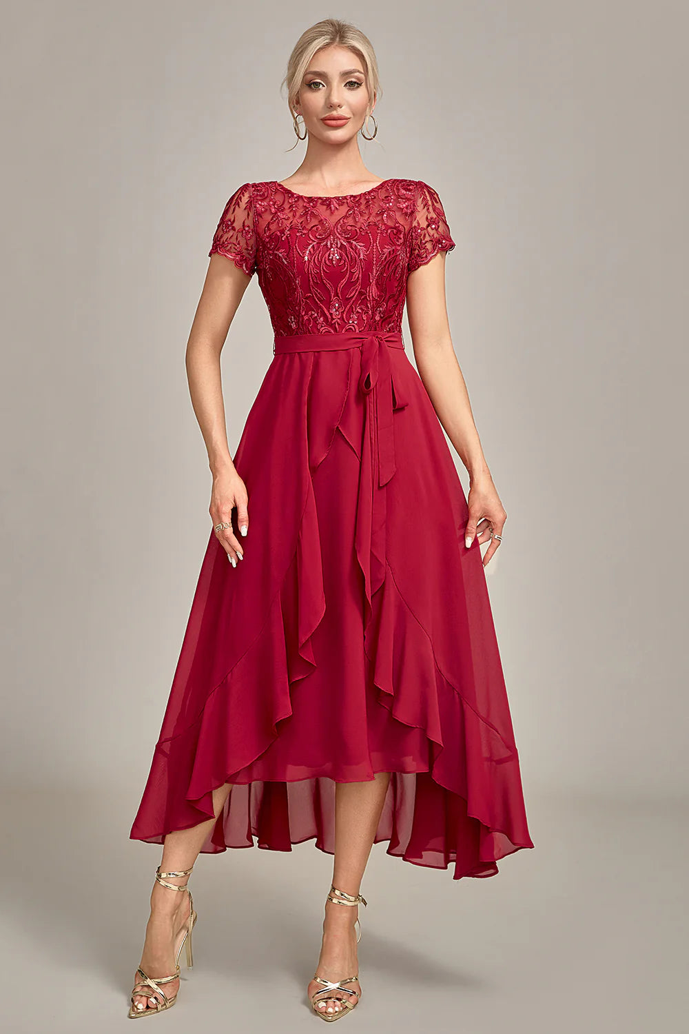 Elegant Flowy A-Line Round Neck Short Sleeve Closed Back High-Low Mother of the Bride Dress