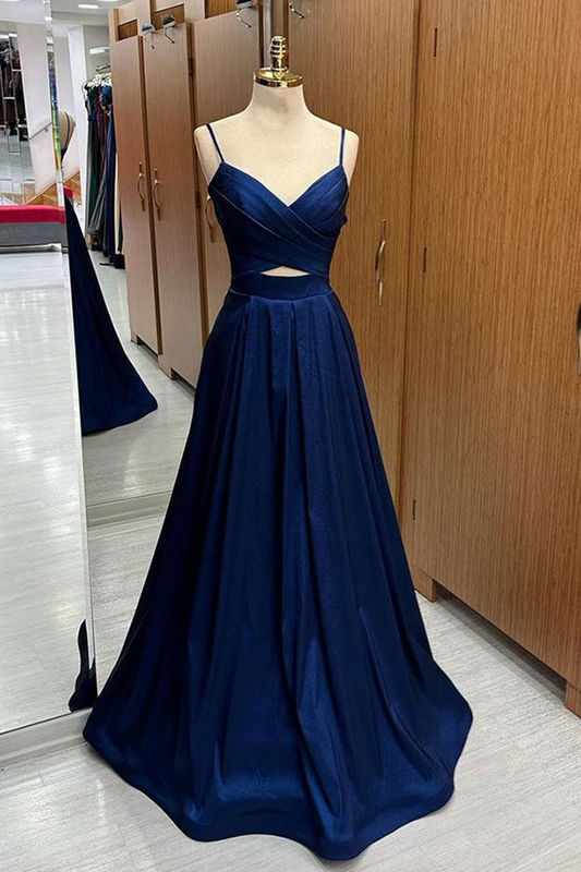 Elegant Flowy A-Line V-Neck Spaghetti Strap Midriff Cutout Floor-Length Satin Prom Dresses