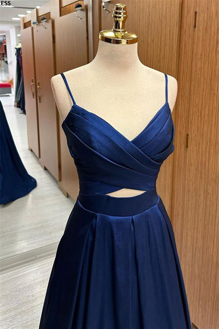 Elegant Satin A-Line V-Neck Cutout Flowy Floor-Length Prom Dress