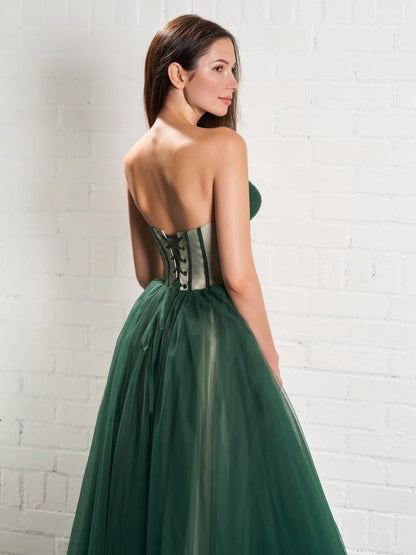 Elegant Flowy Sheer Tulle A-Line Strapless Sweetheart Sleeveless Lace-Up Corset Back with Tie Detail Midi Length Formal Evening Prom Dresses