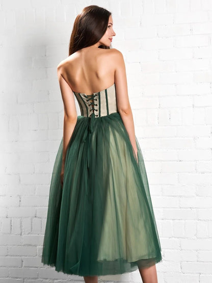Elegant Flowy Sheer Tulle A-Line Strapless Sweetheart Sleeveless Lace-Up Corset Back with Tie Detail Midi Length Formal Evening Prom Dresses