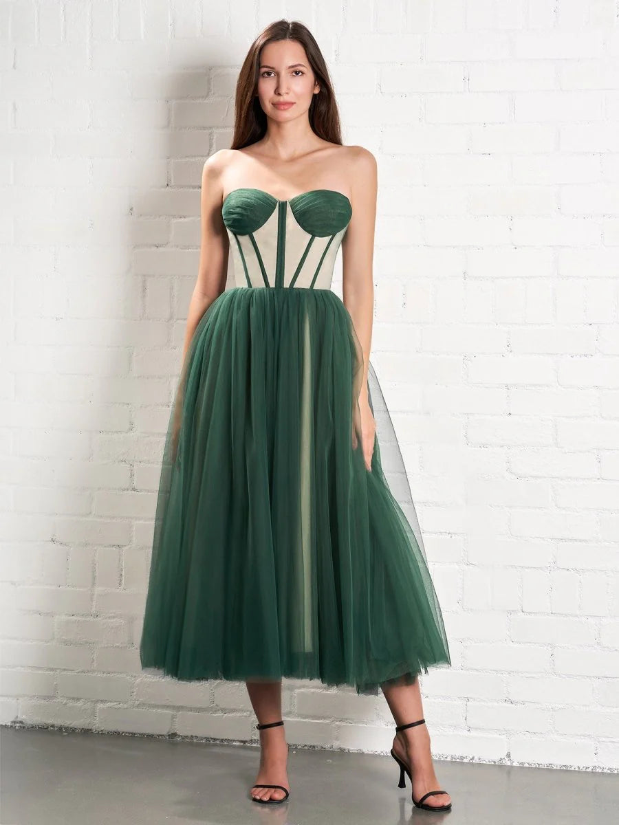 Elegant Flowy Sheer Tulle A-Line Strapless Sweetheart Sleeveless Lace-Up Corset Back with Tie Detail Midi Length Formal Evening Prom Dresses