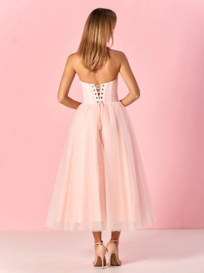 Elegant Flowy Sheer Tulle A-Line Strapless Sweetheart Sleeveless Lace-Up Corset Back with Tie Detail Midi Length Formal Evening Prom Dresses