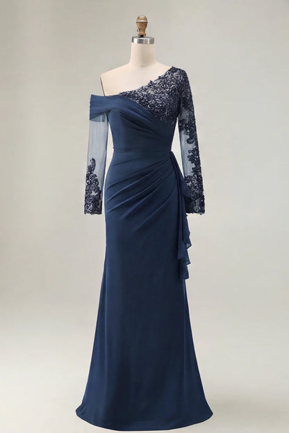 Elegant Form-Fitting Mermaid Silhouette One-Shoulder Long Sleeve Open Back Maxi Mother of the Bride Dress