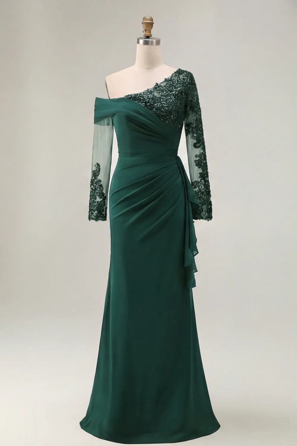 Elegant Form-Fitting Mermaid Silhouette One-Shoulder Long Sleeve Open Back Maxi Mother of the Bride Dress