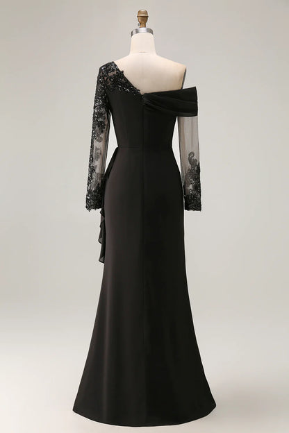 Elegant Form-Fitting Mermaid Silhouette One-Shoulder Long Sleeve Open Back Maxi Mother of the Bride Dress