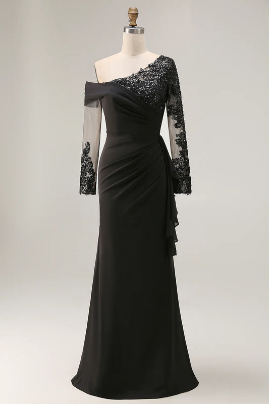 Elegant Form-Fitting Mermaid Silhouette One-Shoulder Long Sleeve Open Back Maxi Mother of the Bride Dress