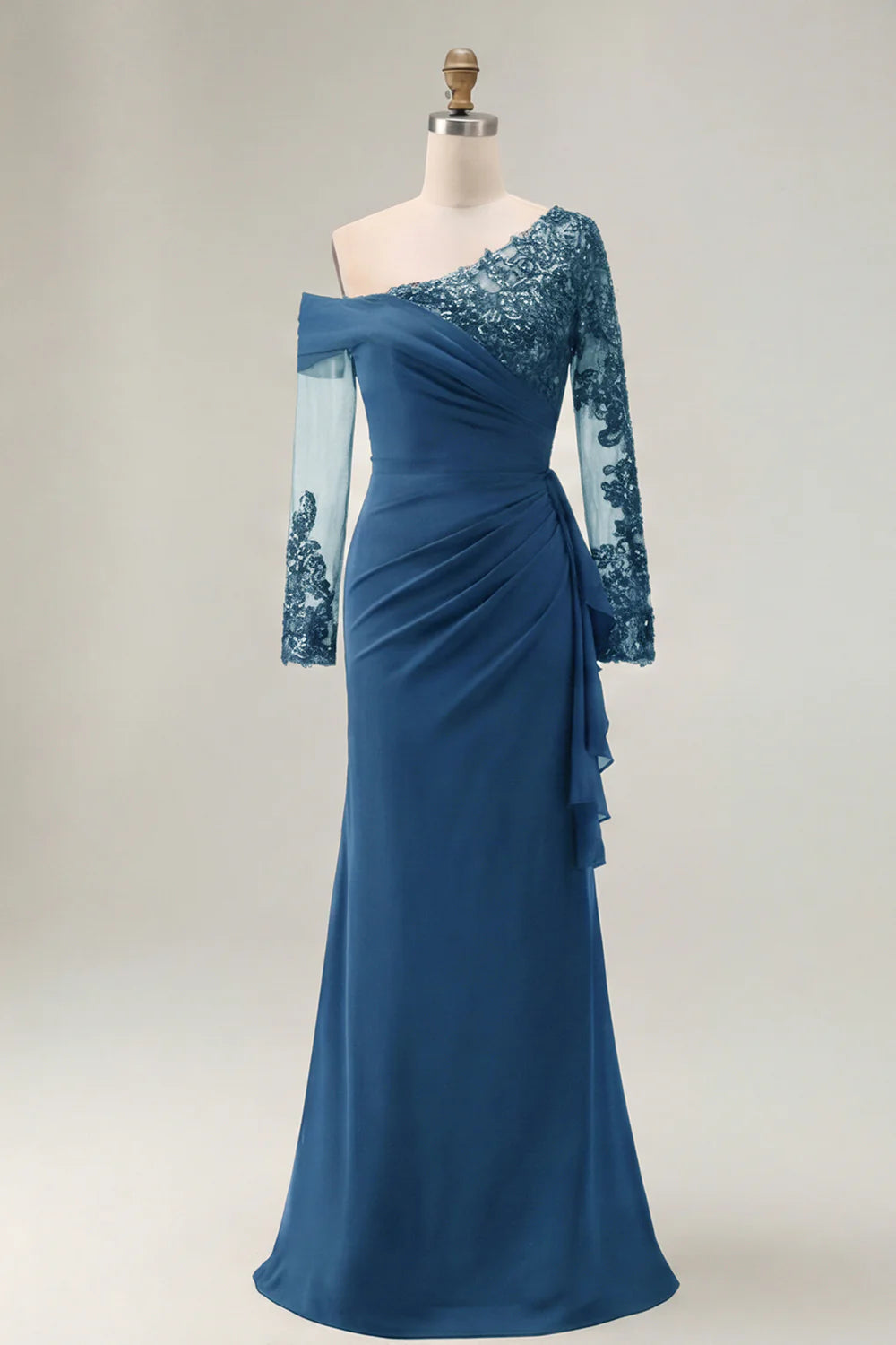 Elegant Form-Fitting Mermaid Silhouette One-Shoulder Long Sleeve Open Back Maxi Mother of the Bride Dress