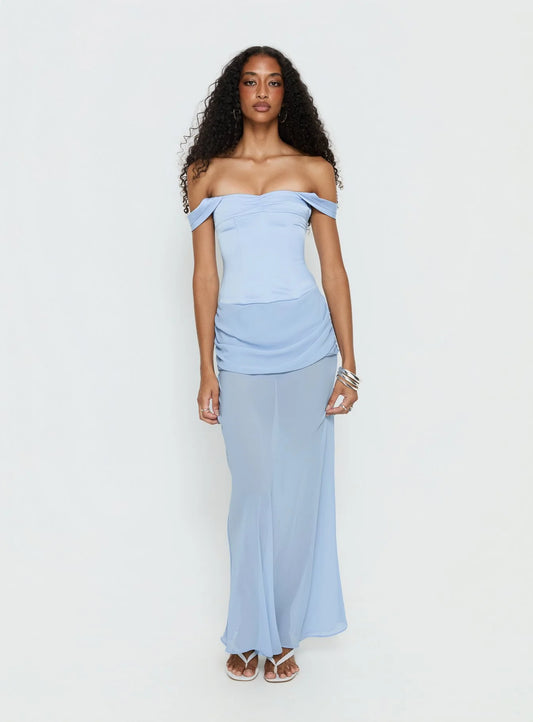 Elegant Form-Fitting Off-The-Shoulder Short Sleeve Lace-Up Back Chiffon Maxi Evening Dress